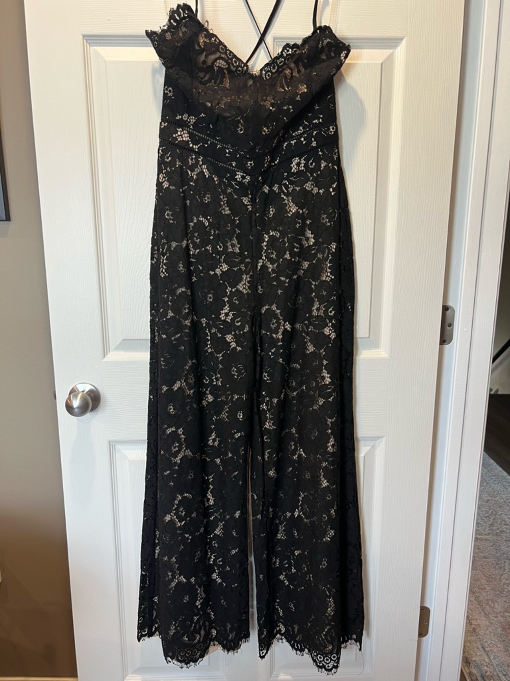 Altar'd State Black Lace Wide-Leg Jumpsuit with Scalloped V-Neck